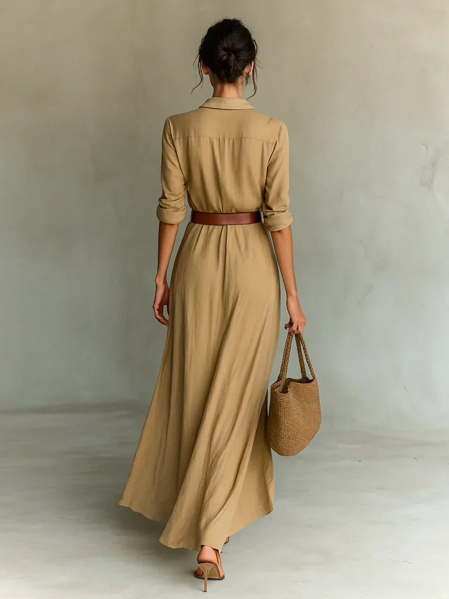 Camille™ | Maxi Jurk met Revers en Tailleceintuur