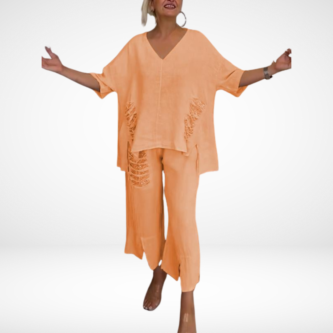 Briella™ Elegante Twee-Delige Zomer Set | V-Hals Top en Wijde Broek