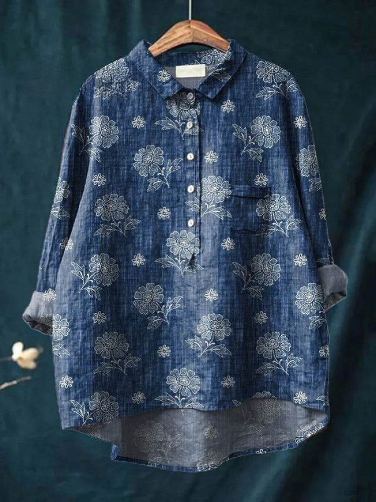 Elena™ | Tijdloze Linnen Blouse met Patroon