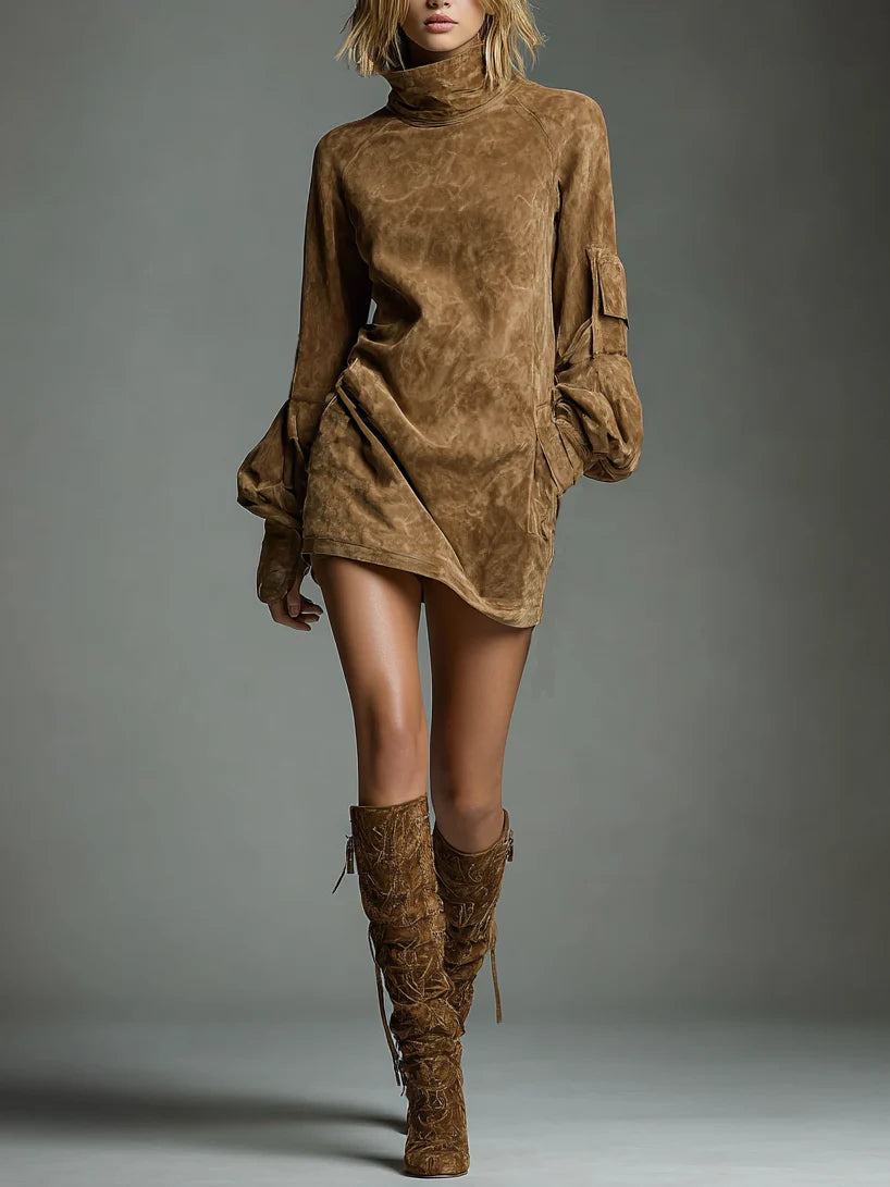 Beli | Losse minijurk van suede met hoge hals