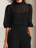 Nicole | Zwarte Doorzichtige Camisole Top En Wijde Broek Drie-delige Set