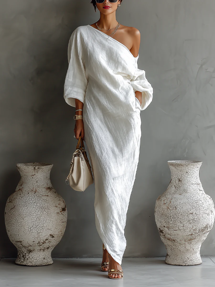 Elise™ | Elegante One-Shoulder Maxi Jurk in Wit