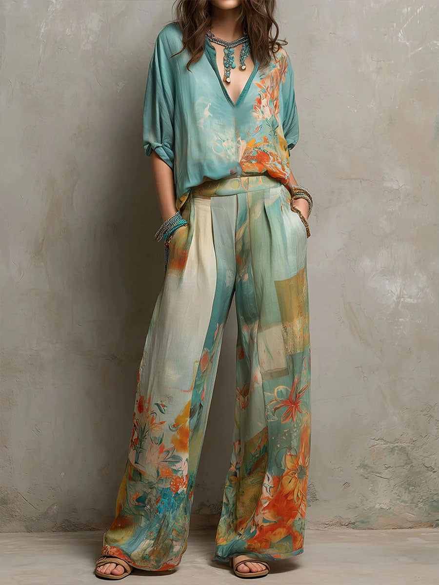 Chiara | Elegante set met bloemenprint en brede broek